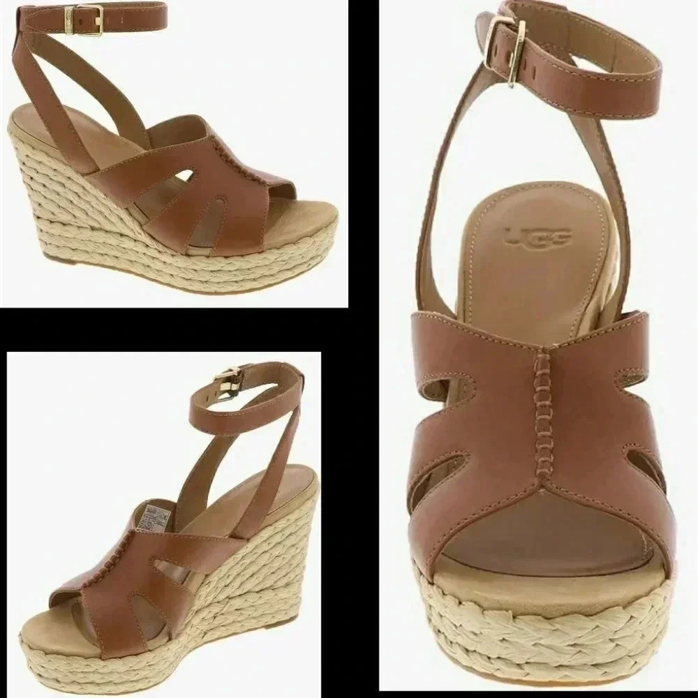Chunky Platform Wedge Sandals Boho UGG 9.5 Leather Espadrille New - Picture 3 of 4